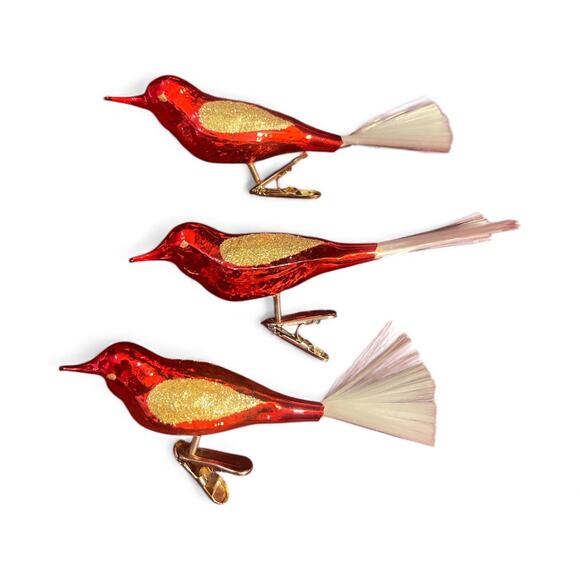 3 Vintage 1970's Mercury Glass Clip On Bird Ornaments 5”Red w Fiberglass tail - Picture 1 of 11